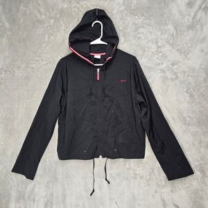 Nike Women Medium Black Red Full Zip Hood Lightweight Jacket Athletic Sportswear